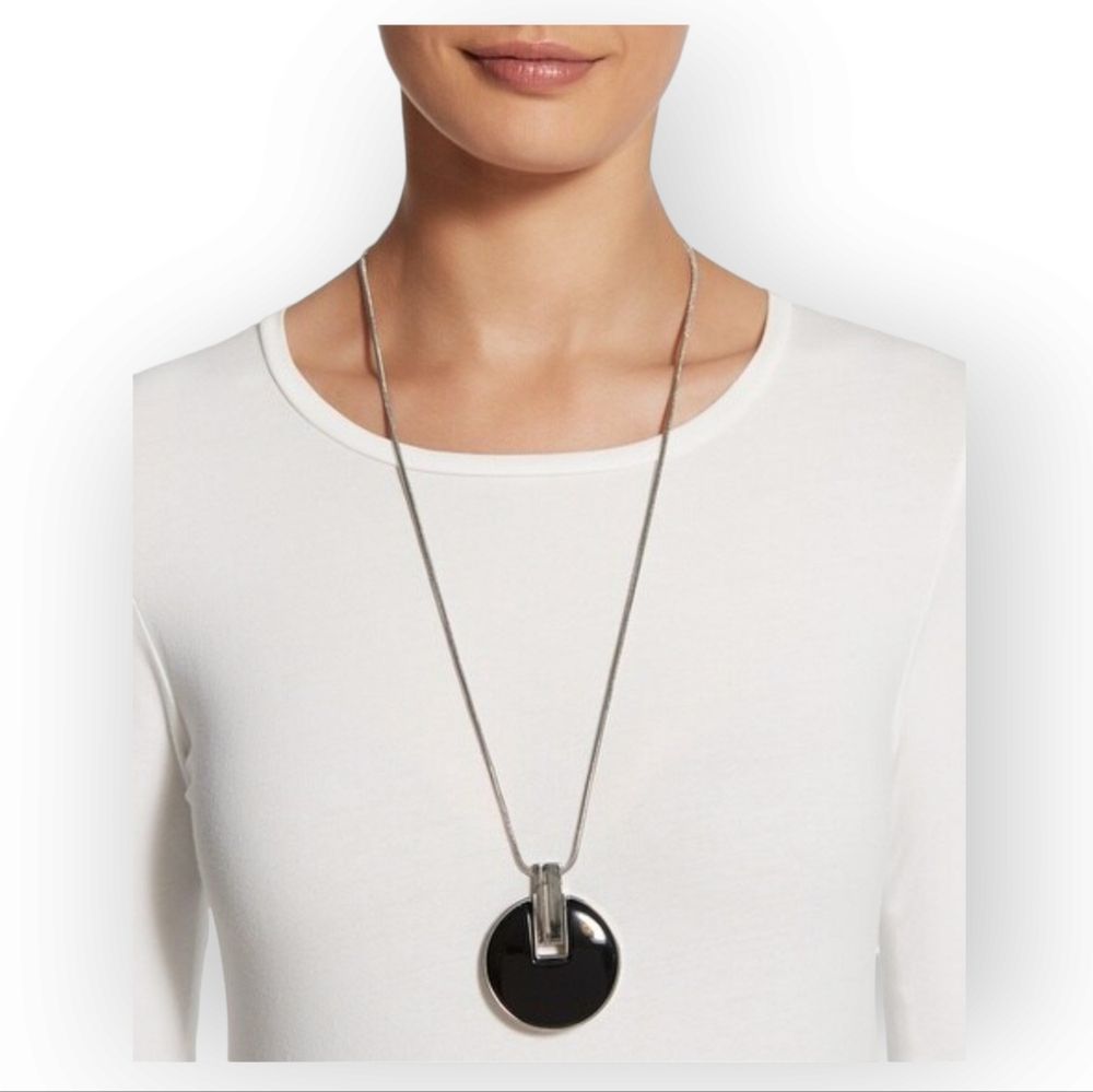 CHICO'S Modernist Pendant Necklace, long serpent chain with black enamel pendant